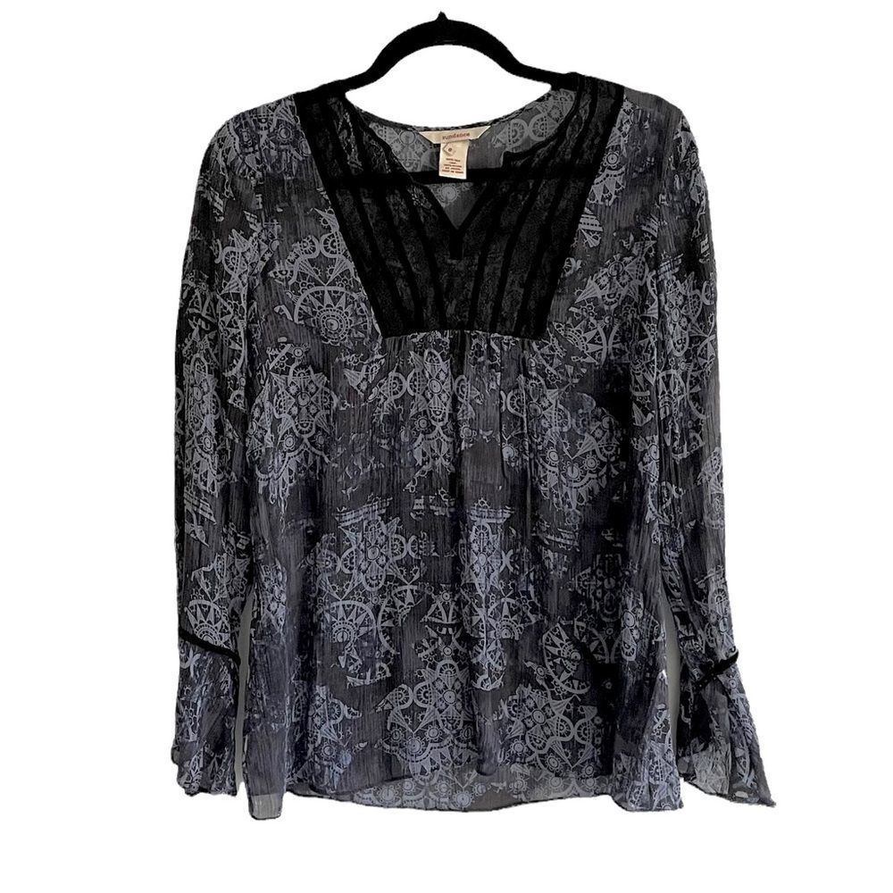 Sundance boho Silk Printed Popover Blouse Blue Black Lace 8